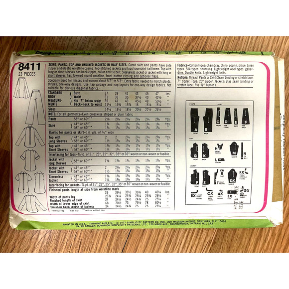 UNCUT Vintage 1970s Simplicity 8411 Sewing Pattern Size XL Wardrobe 8 Pieces - Picture 2 of 2